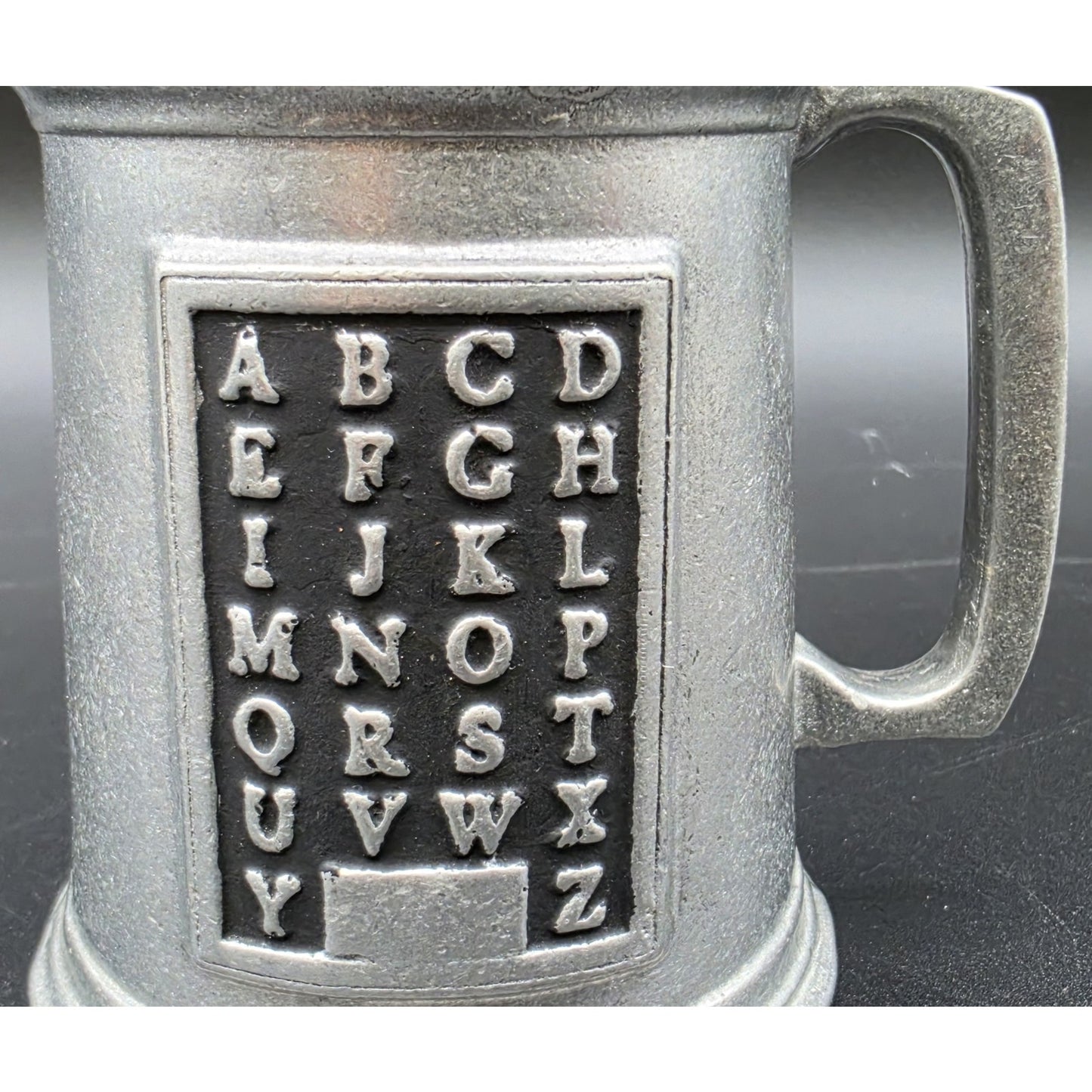 Vintage Solid Pewter Alphabet Cup Mug Heavy Metal ABC Hornbook Sampler Style