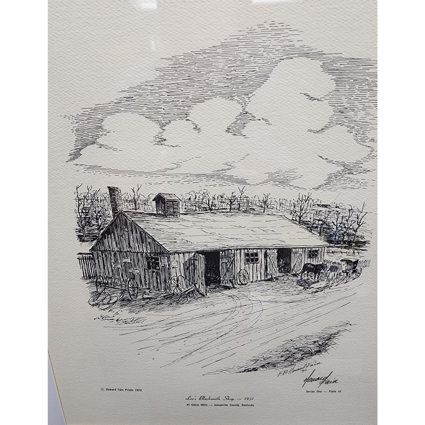 Lee’s Blacksmith Shop 1931 signed by artist Howard Fain Framed 16.5x20.75 1970