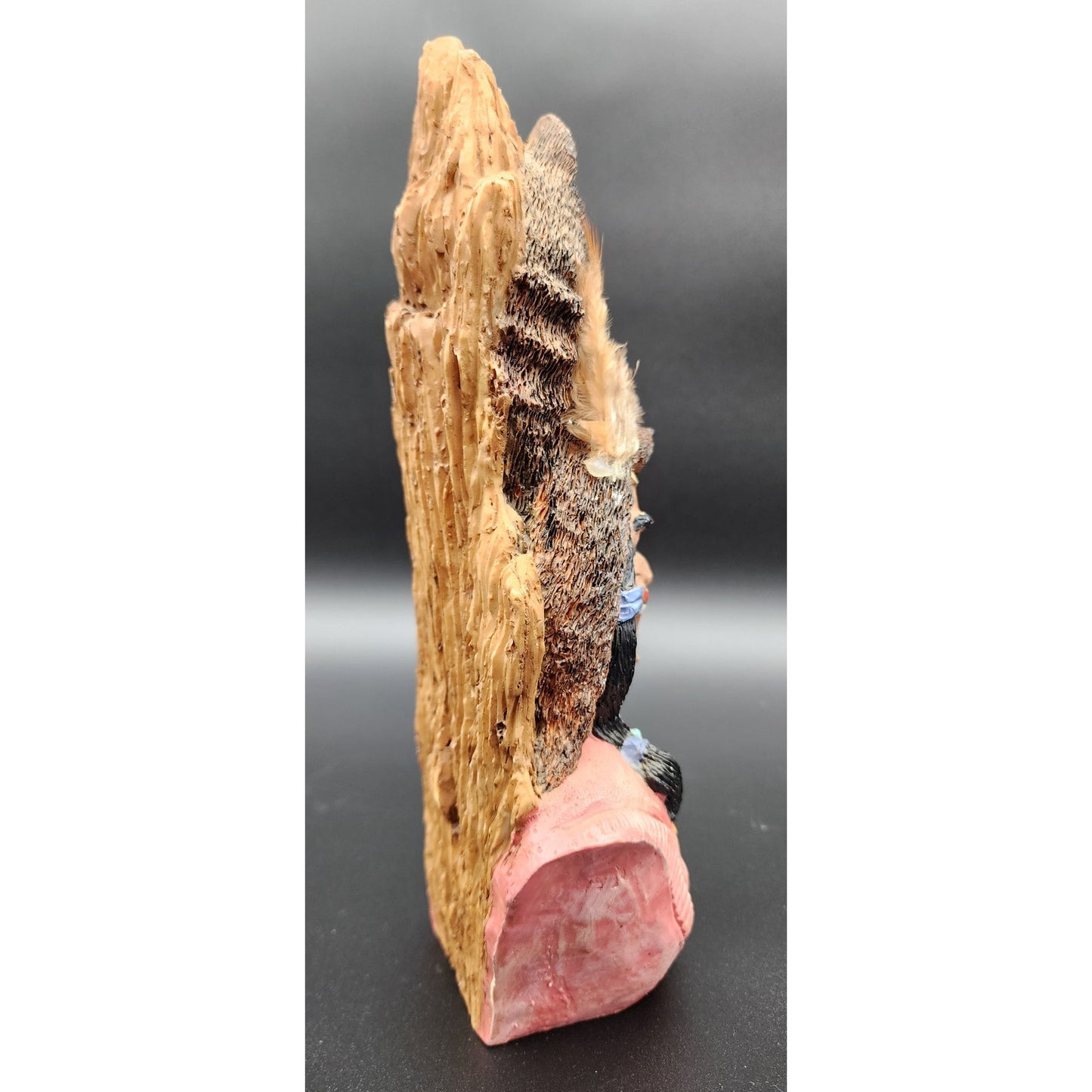 Native American Warrior Figurine w/ Wolf Fox Headdress Feathers Resin 10”