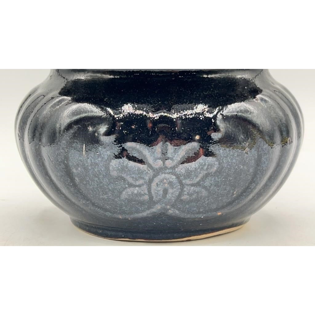 VTG Glazed Stoneware Spittoon Floral Pattern 7" Dark Glaze w/ Repair