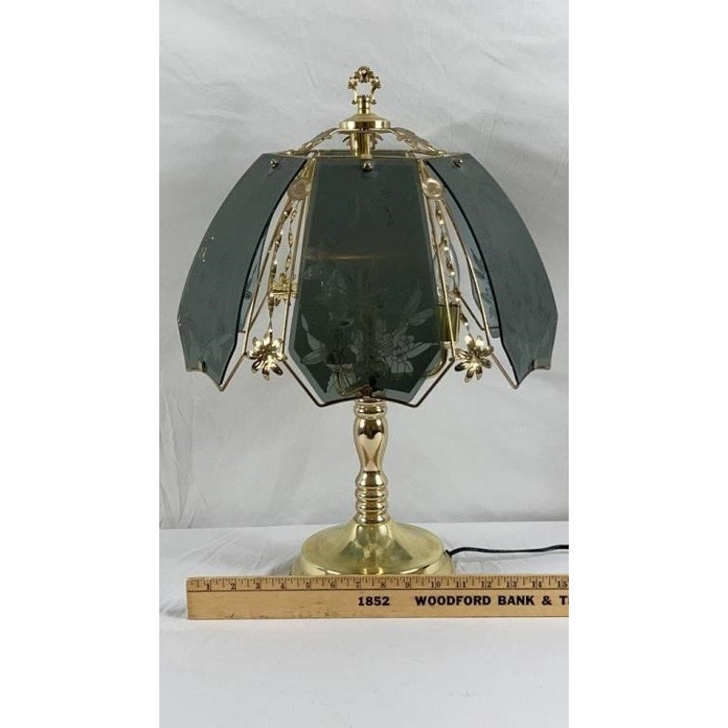 Vintage Brass Touch Table Lamp Etched Floral Glass Shade 3-Way Dimmable