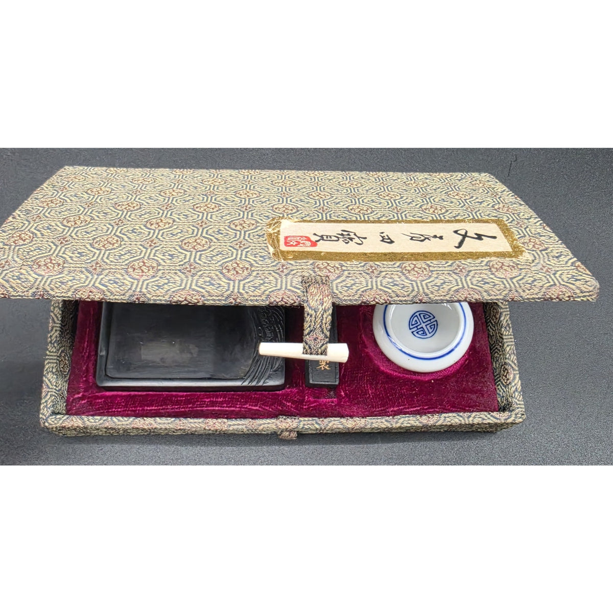 Vintage Chinese Calligraphy Set Ink Stone Stick Brushes Dish Boxed Complete Nice