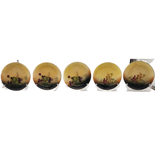 Set of 5 Vintage Hand-Painted Fruit Plates Grapes & Berries 6.5" Gold Trim Glaze