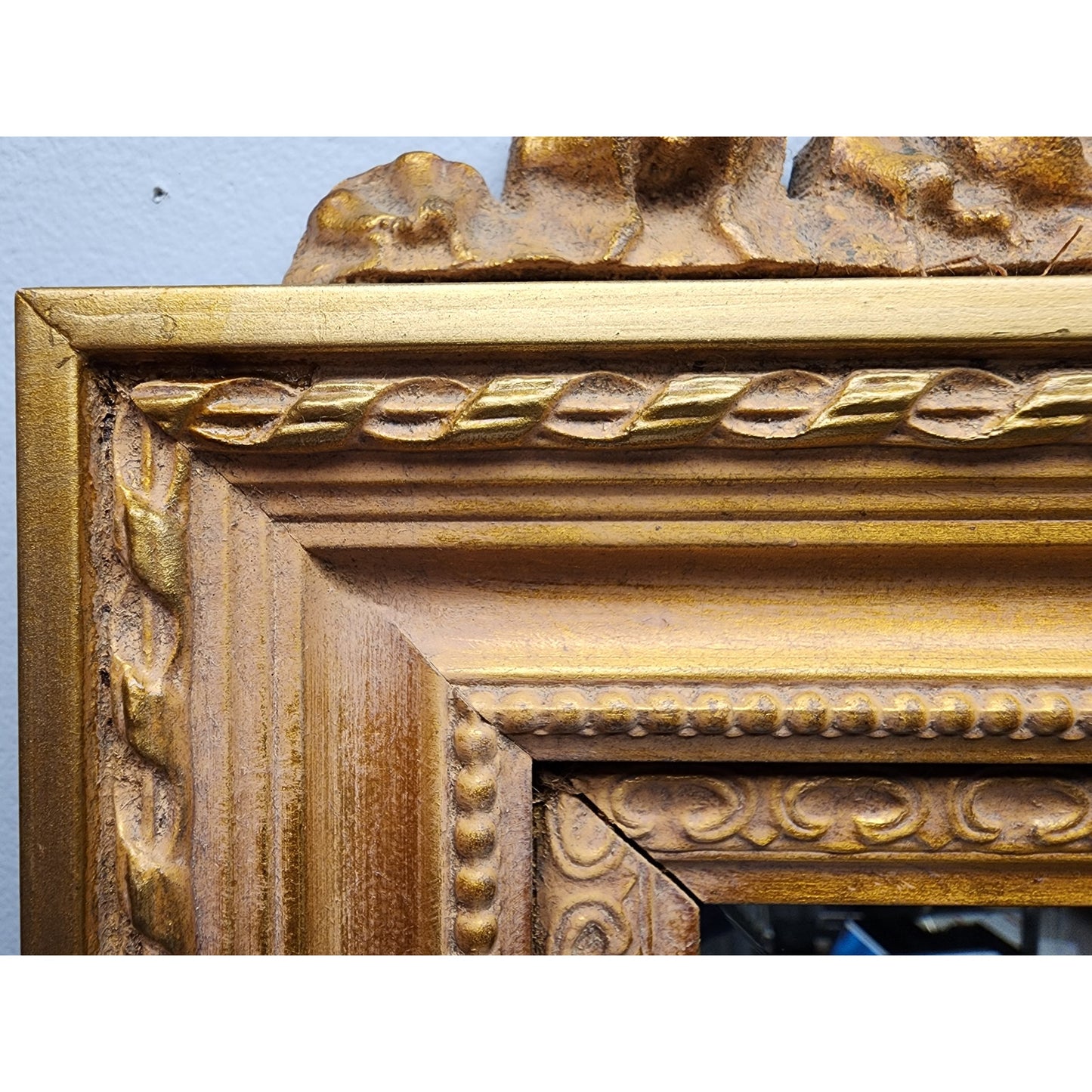 Vintage Beveled Glass Mirror – Ornate Gold Wood Frame, 44” Tall Elegant Design