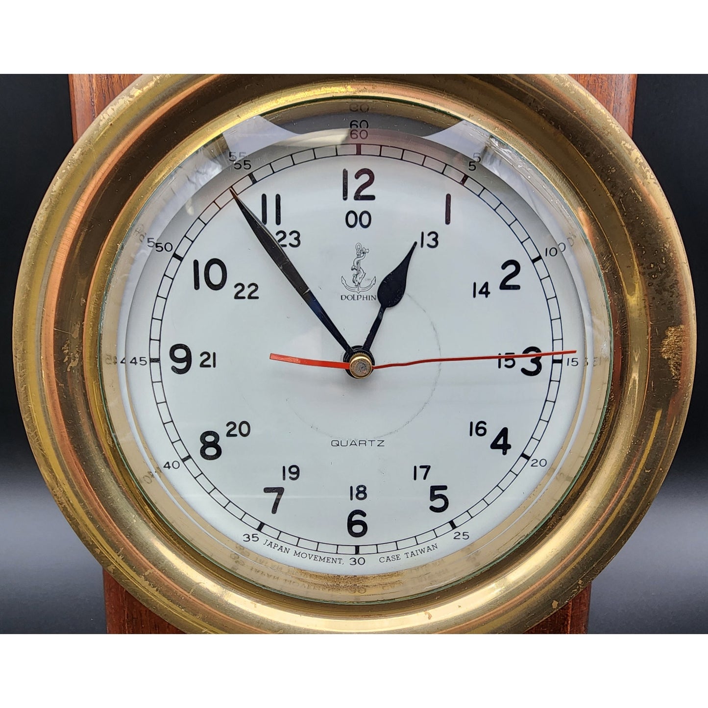 Vintage Dolphin Brass & Wood Mariner Wall Clock w/ Hourly Ship Bell Chimes