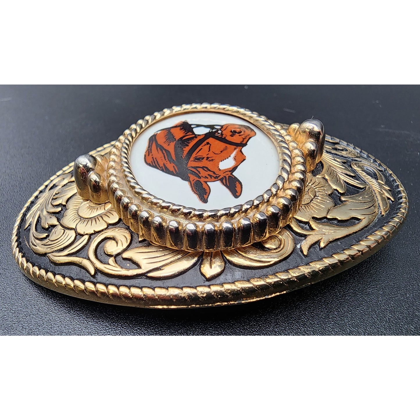 Vintage Brass Horse Head Belt Buckle with Porcelain Cameo 3.25" Western
