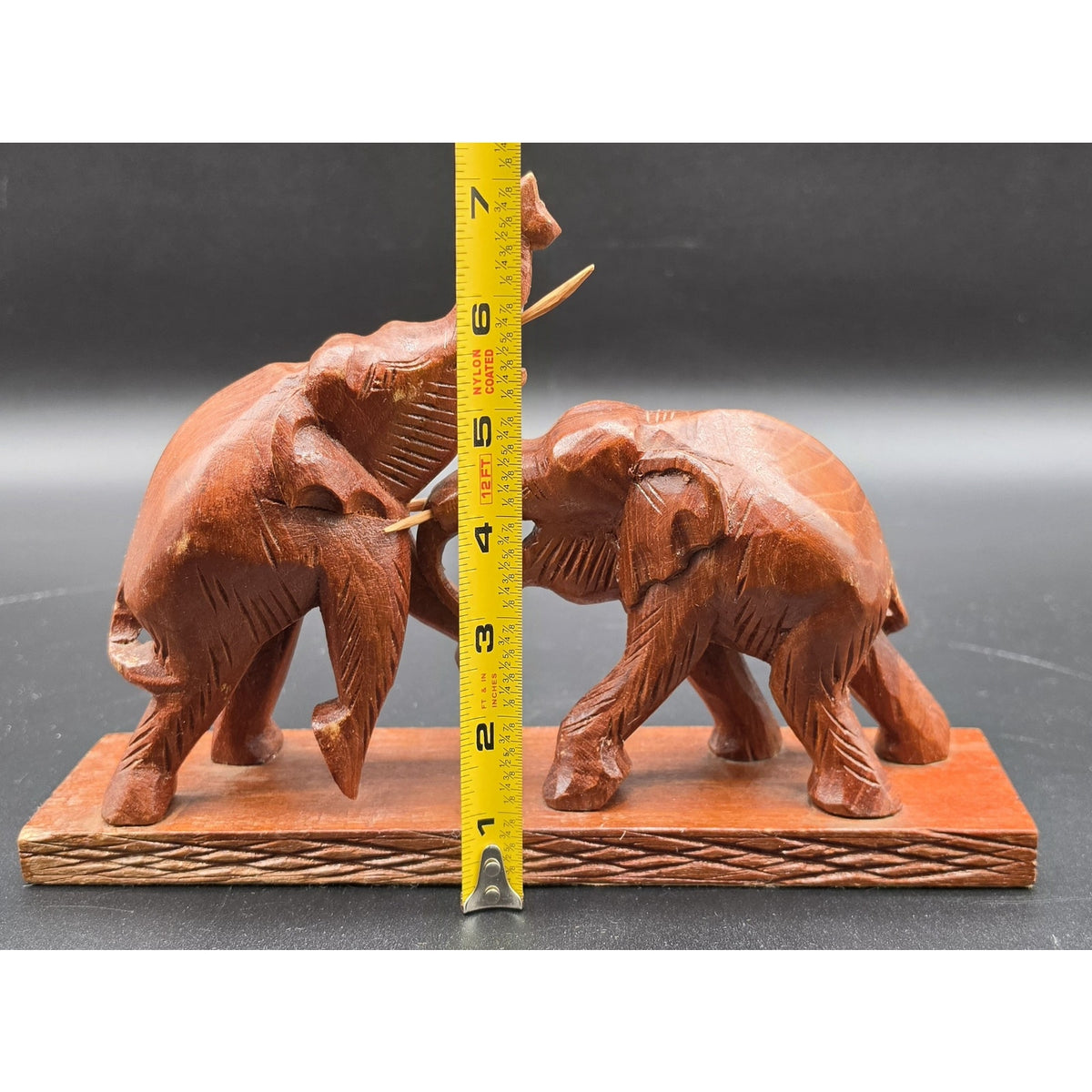 Vintage Hand Carved Wood Elephant Set Wall Hanging Plaque & Mantel Figurine Art