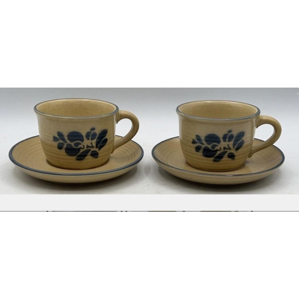 Pfaltzgraff Folk Art 8‑Pc Dinnerware Set Blue Floral Tan USA Stoneware VT