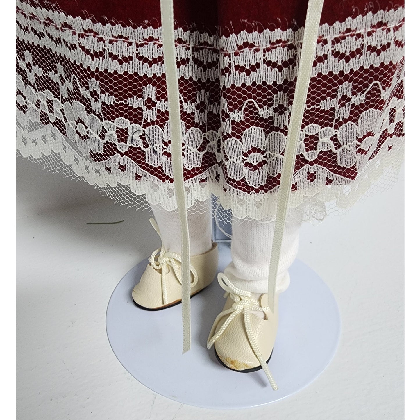 Vintage Tender Hearts Porcelain Doll No. 594 Red Velvet Lace Dress w/ Stand