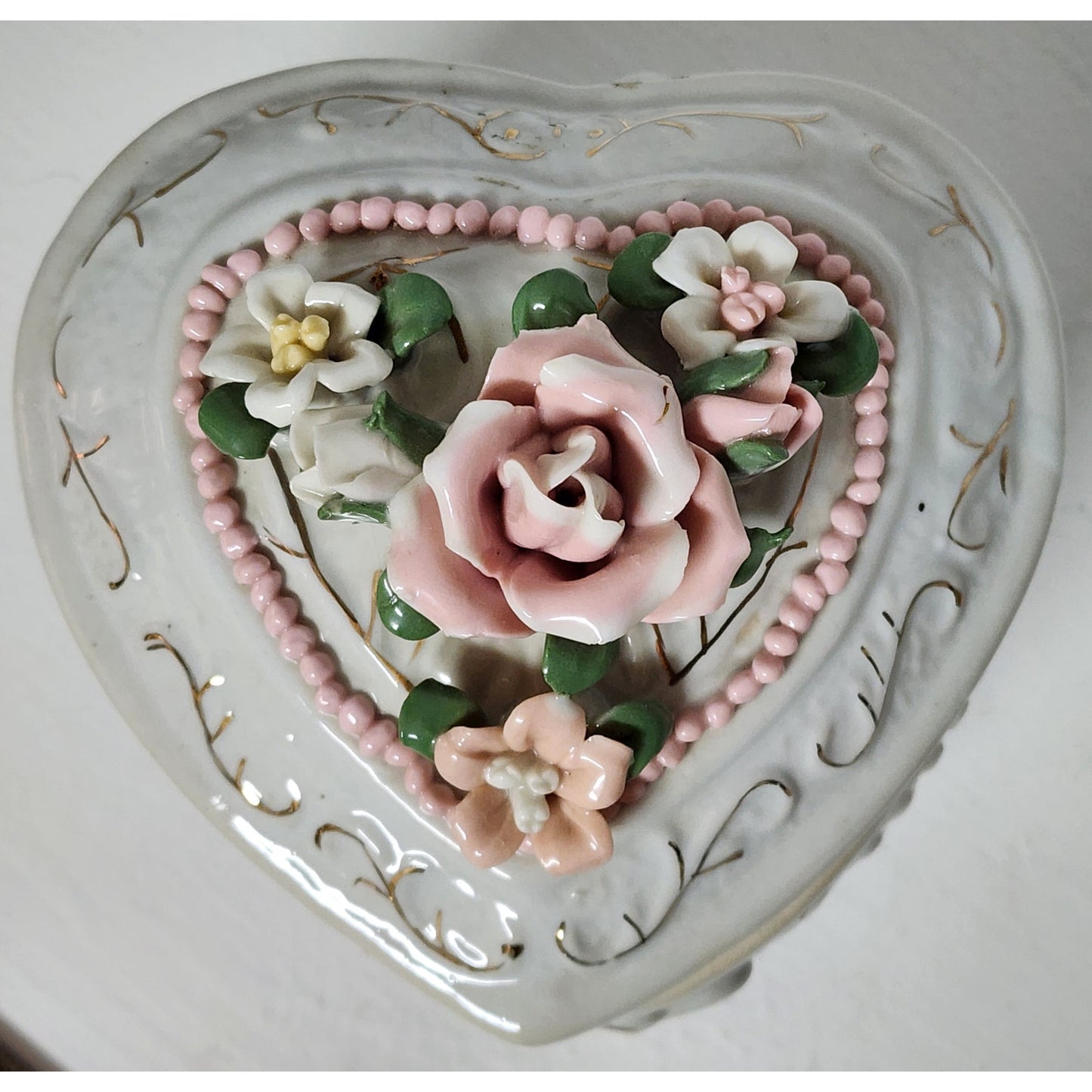 Vintage Porcelain Heart Trinket Box w/ Floral Bouquet & 22K Gold Detailing