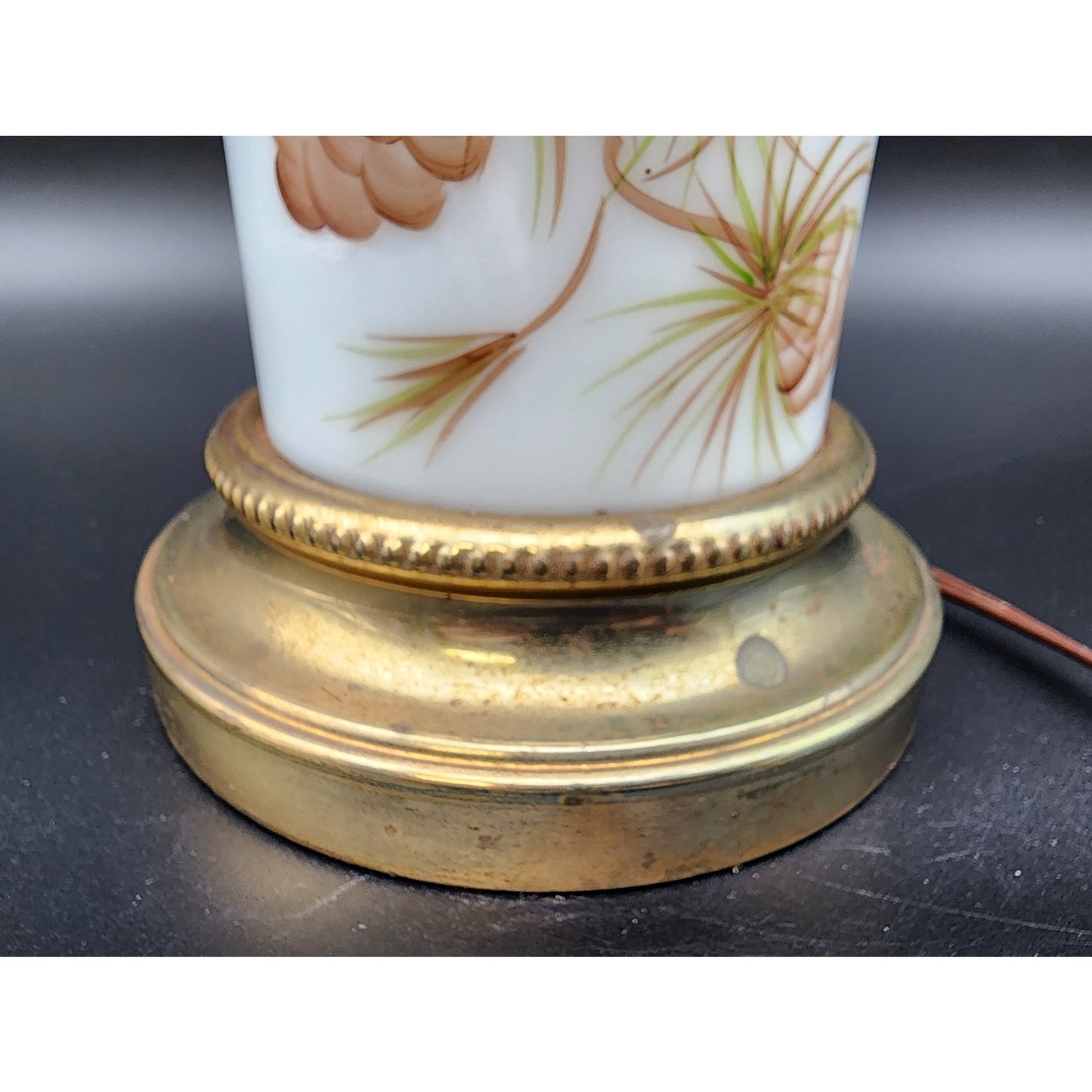 Vintage Brass Table Lamp w/ Hand‑Painted Pinecone Milk Glass Shade, 16.5"  Tall