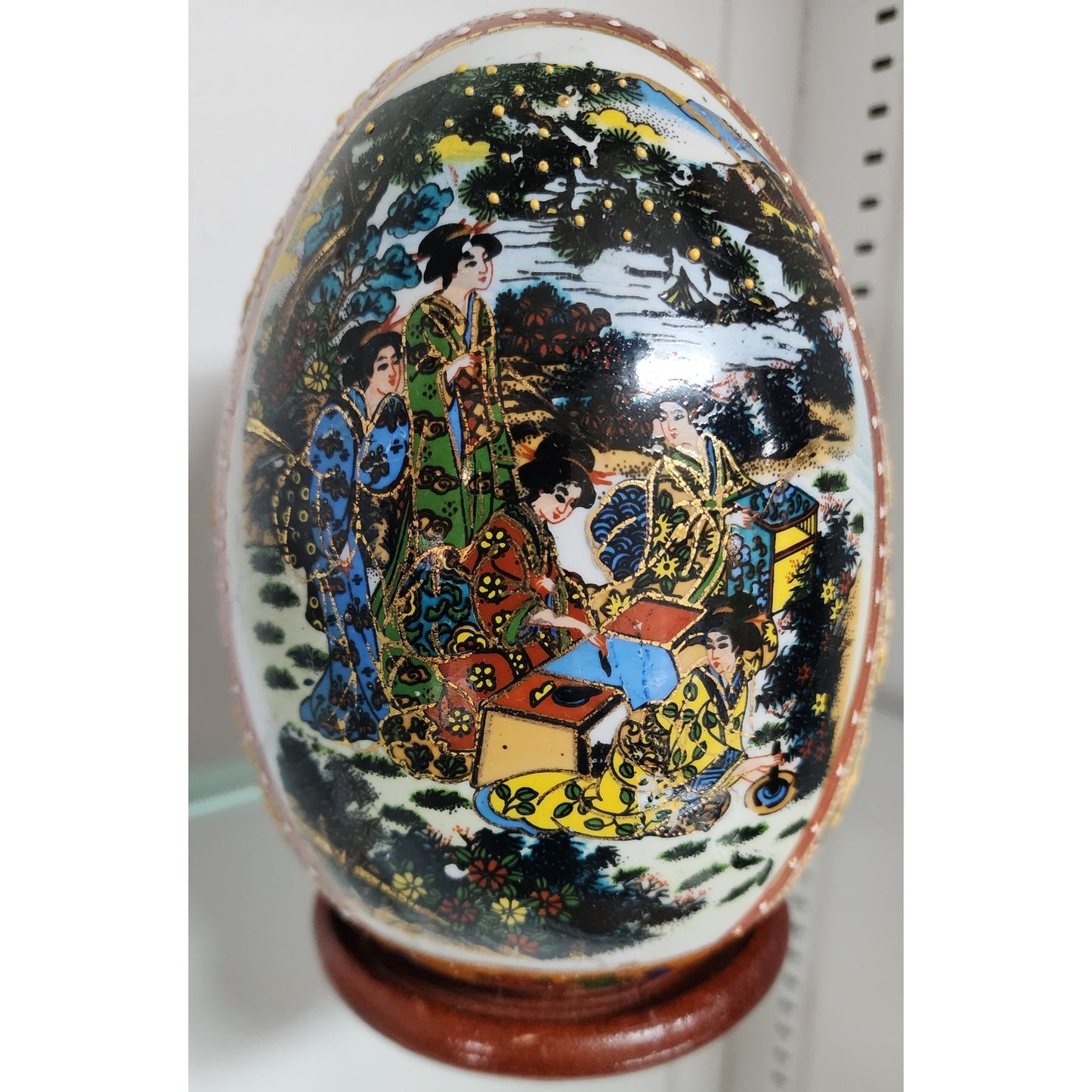 Japanese Porcelain Egg w/ Geisha Garden Scene Gold Gilt Raised Relief -Wood Base
