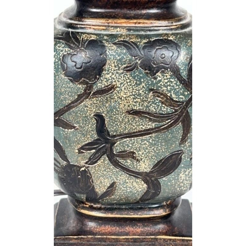 Vintage Ceramic Table Lamp Etched Floral w/ Shade & Ornate Pull Chain 18"