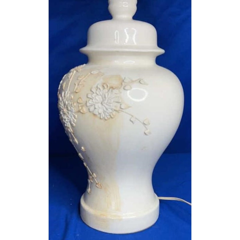 Vintage Ginger Jar Table Lamp w/ Floral Relief & Square Shade 28" Tall Works