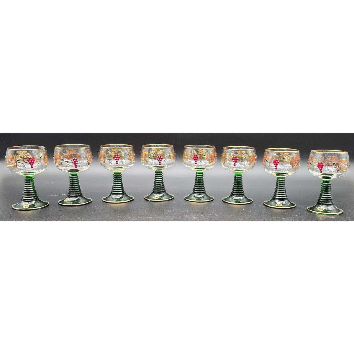 Vtg Bockling German Romer Wine Glasses Green Stem Gold Gilt Rhinestones Set 8
