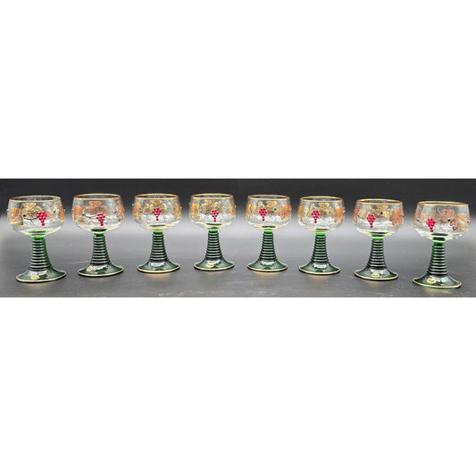 Vtg Bockling German Romer Wine Glasses Green Stem Gold Gilt Rhinestones Set 8