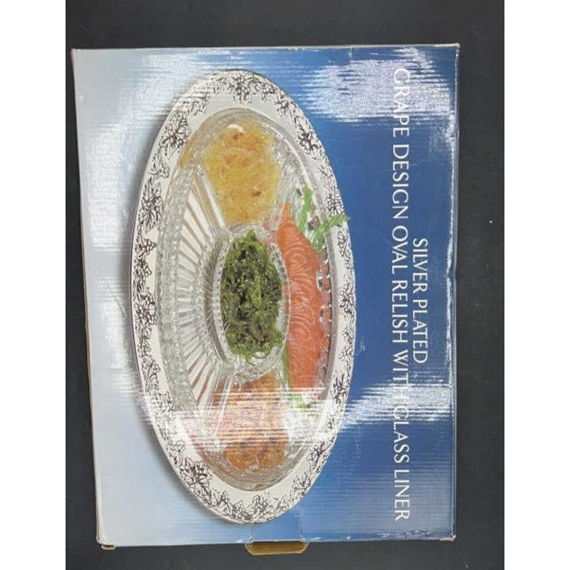 1980s Godinger Silver Plated Grape Oval Relish Tray w/ Glass Insert 16x12 VTG