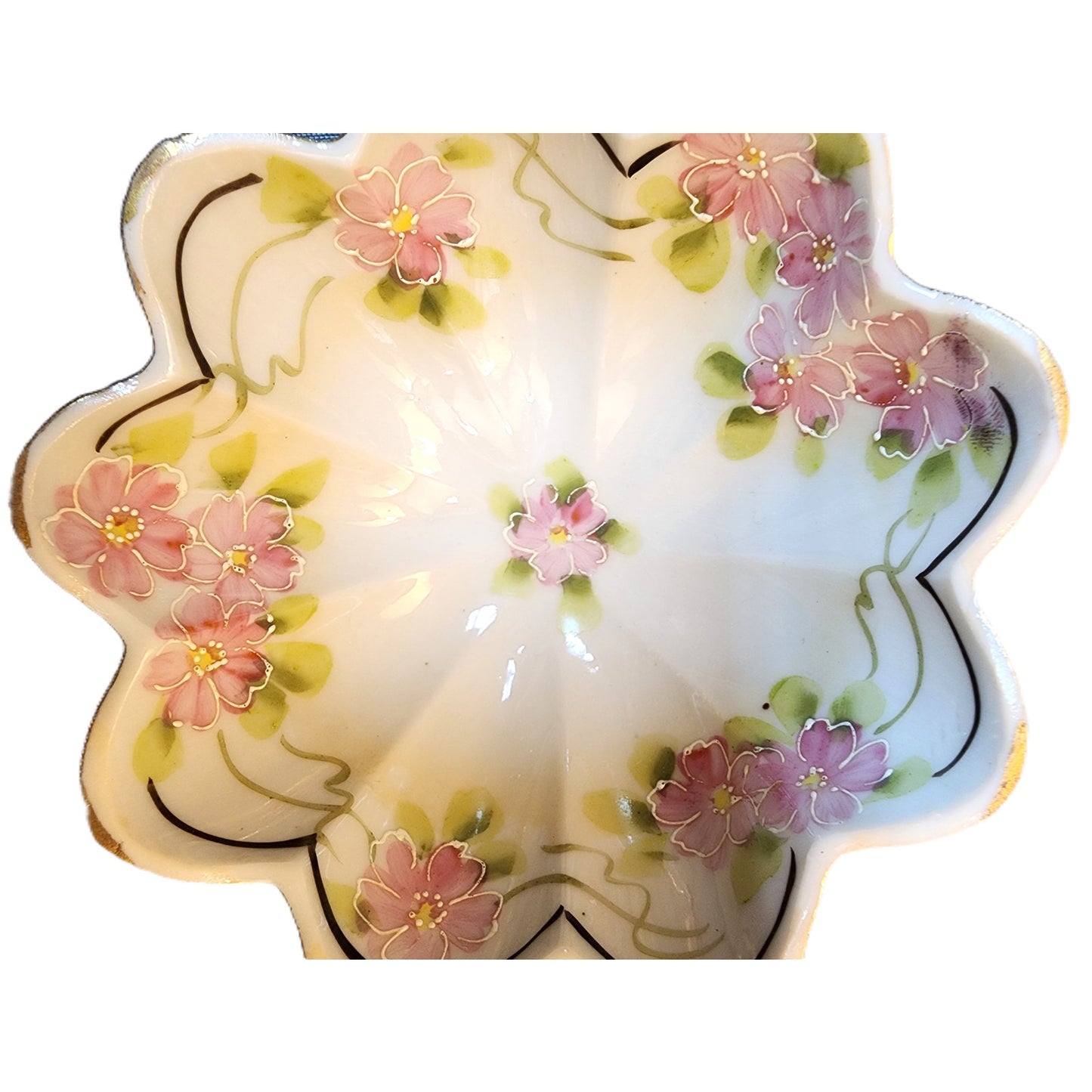 Vintage Japan Footed Dish Pink Floral Gold Gilt Scalloped Porcelain 5" Bowl