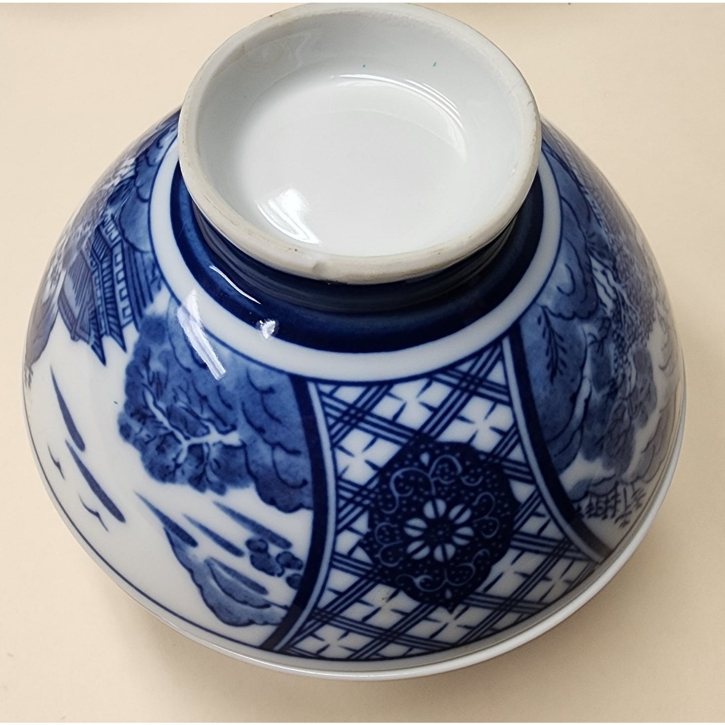 Set of 4 Vintage Japanese Porcelain Rice Bowls 4.75" Blue & White Patterns