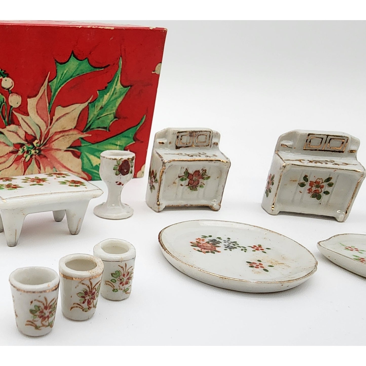 Vintage Porcelain Miniature Dollhouse Furniture Set 19pc Floral 22K Gold Japan