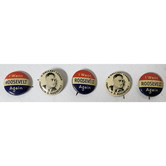 Vintage FDR “I Want Roosevelt Again” Buttons Lot of 5 • 1930s–40s Campaign