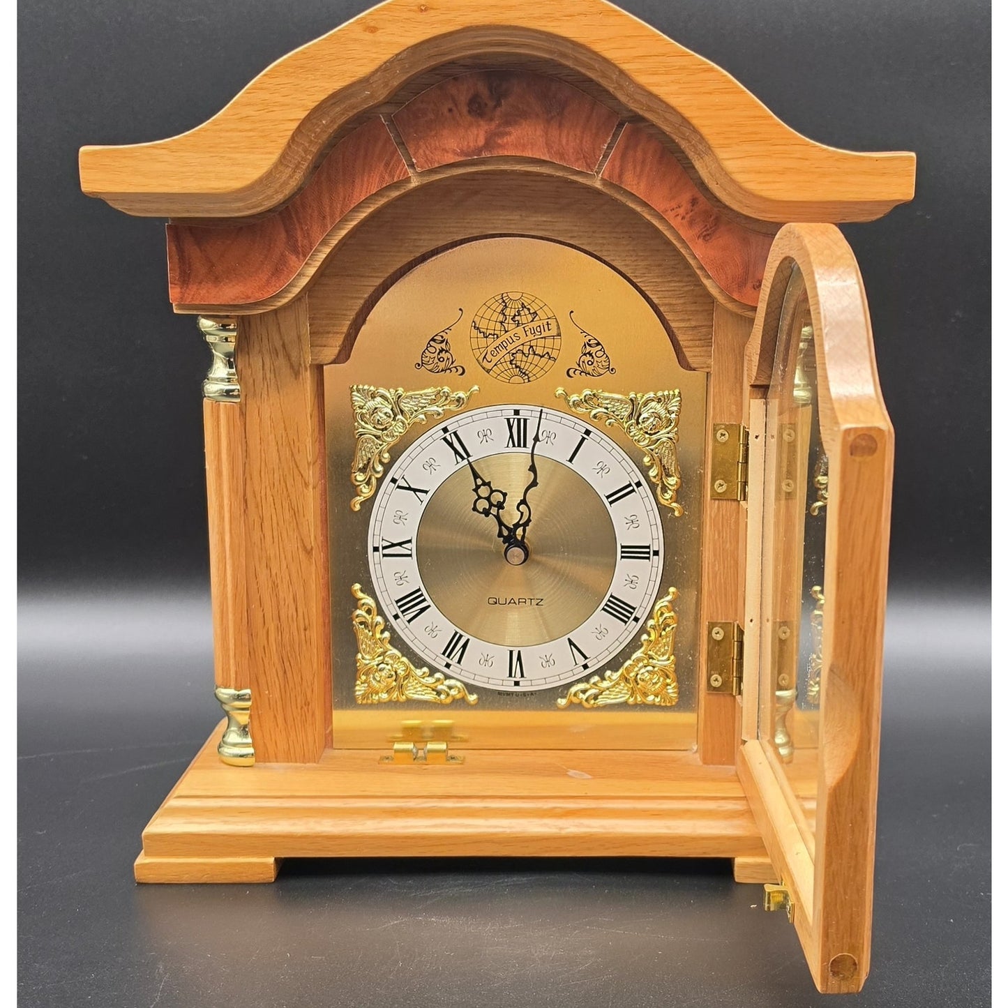 Vintage Tempus Fugit Quartz Mantle Clock Solid Wood & Brass 13" Works Perfectly
