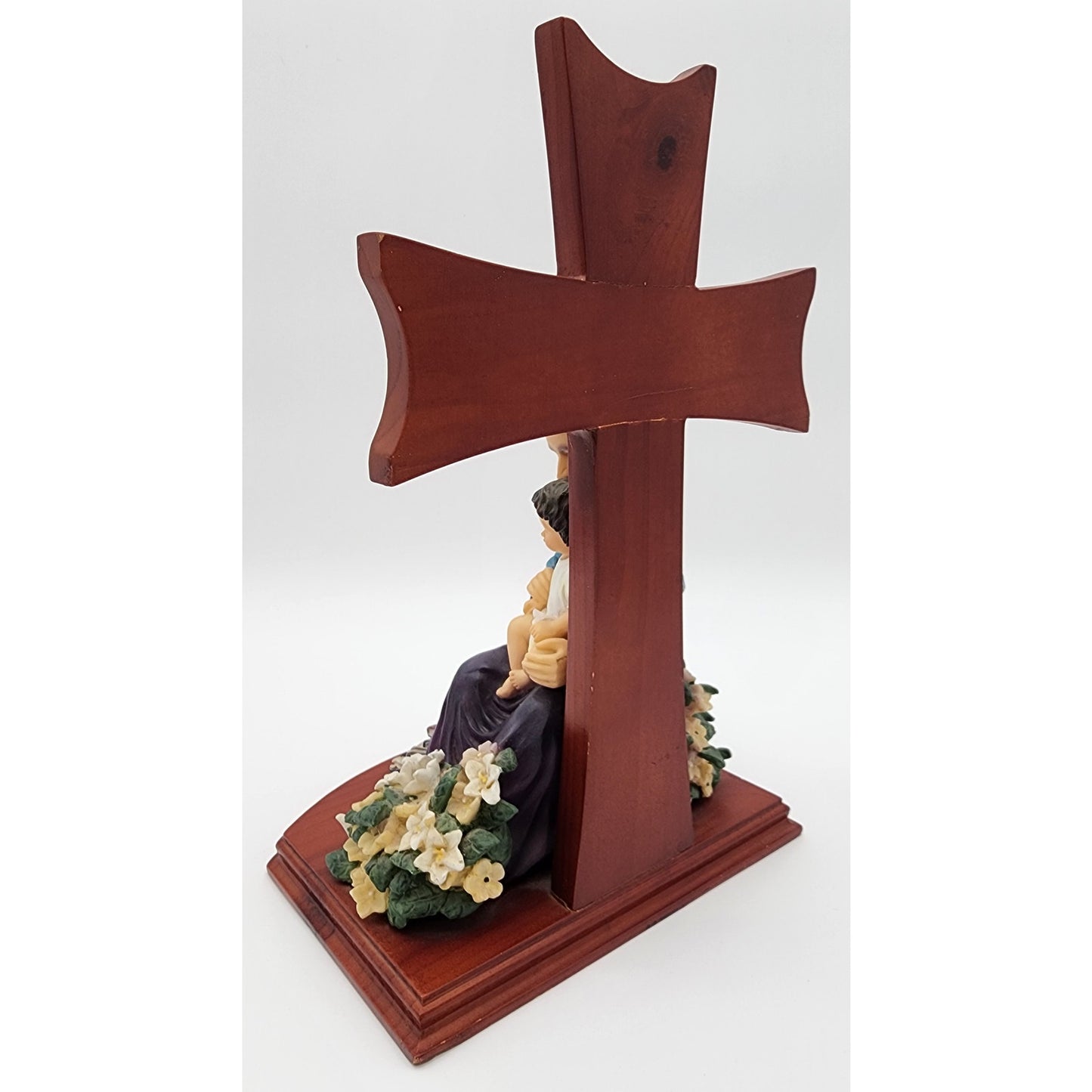 Jesus & Child Figurine w/ Cross, Violin, Books – 12.25" Hand Painted Wood Base
