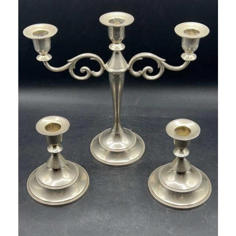 Vintage Silver 3-Pc Candle Holder Set – Ornate 3-Arm Candelabra & 2 Single Holders