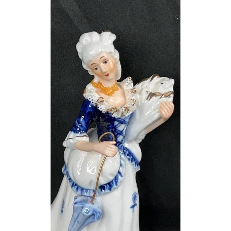Victorian Style Blue White Porcelain Figurine Pair w/ Gold Accents Hand Painted