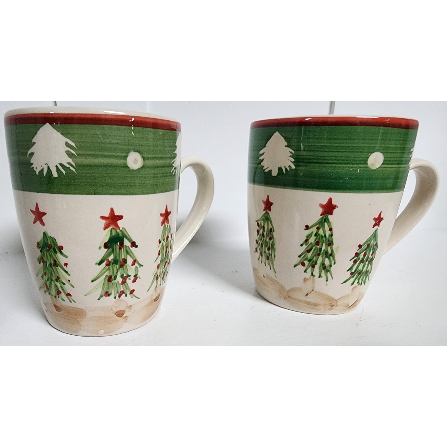 VTG Chinese Stoneware Christmas Dinnerware Set Hand Painted Trees 24 Pc - Rare