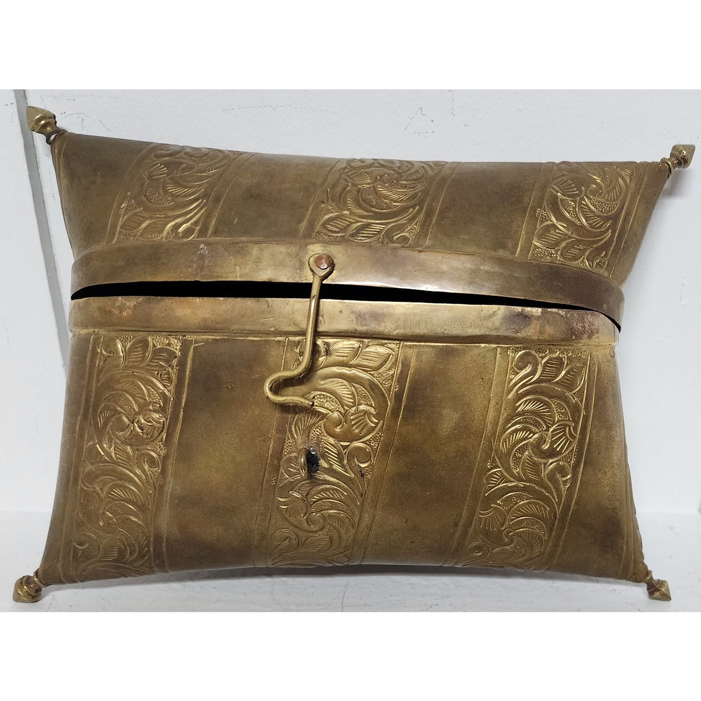 Vintage Brass Pillow Purse w/ Engraved Panels & Purple Velvet Lining