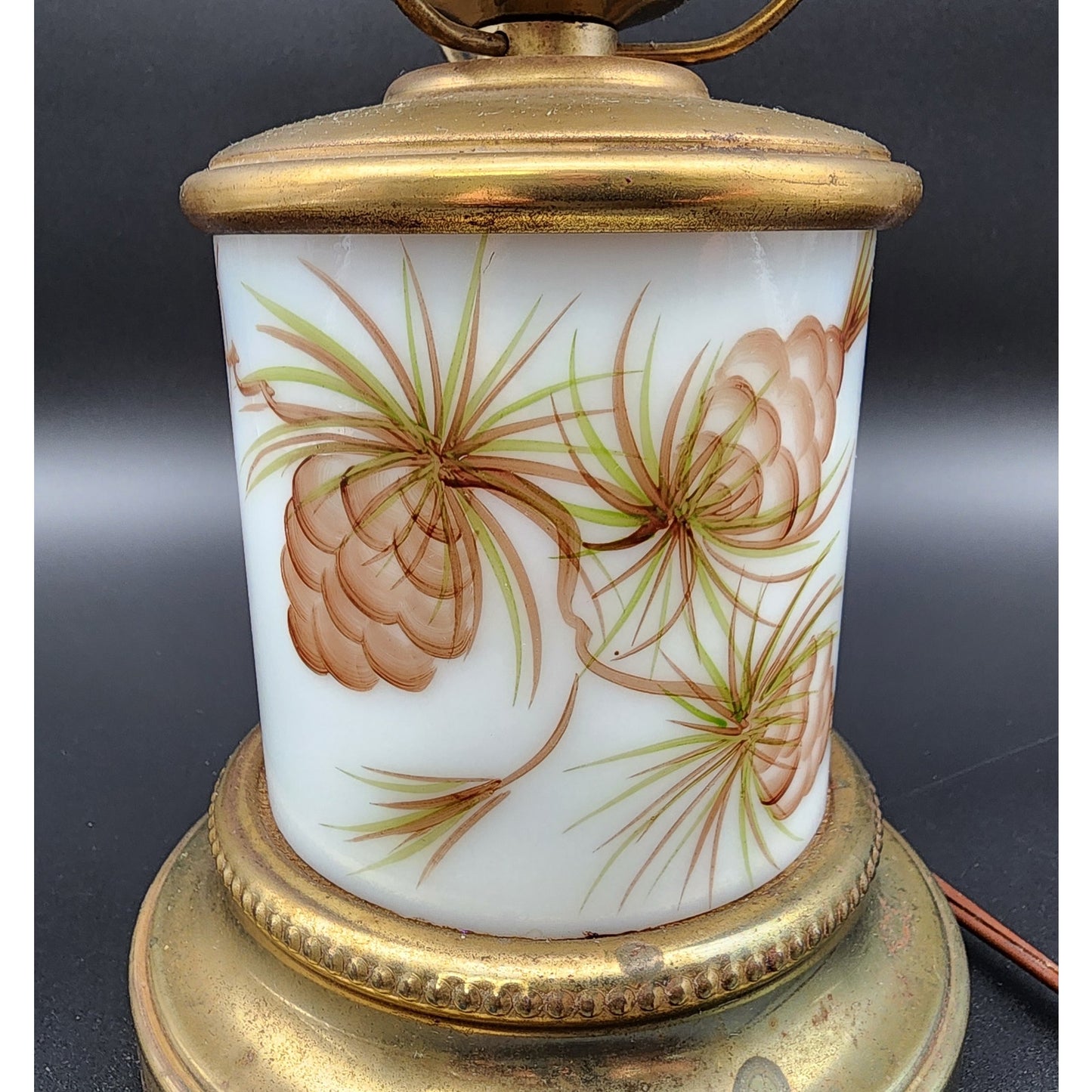 Vintage Brass Table Lamp w/ Hand‑Painted Pinecone Milk Glass Shade, 16.5"  Tall