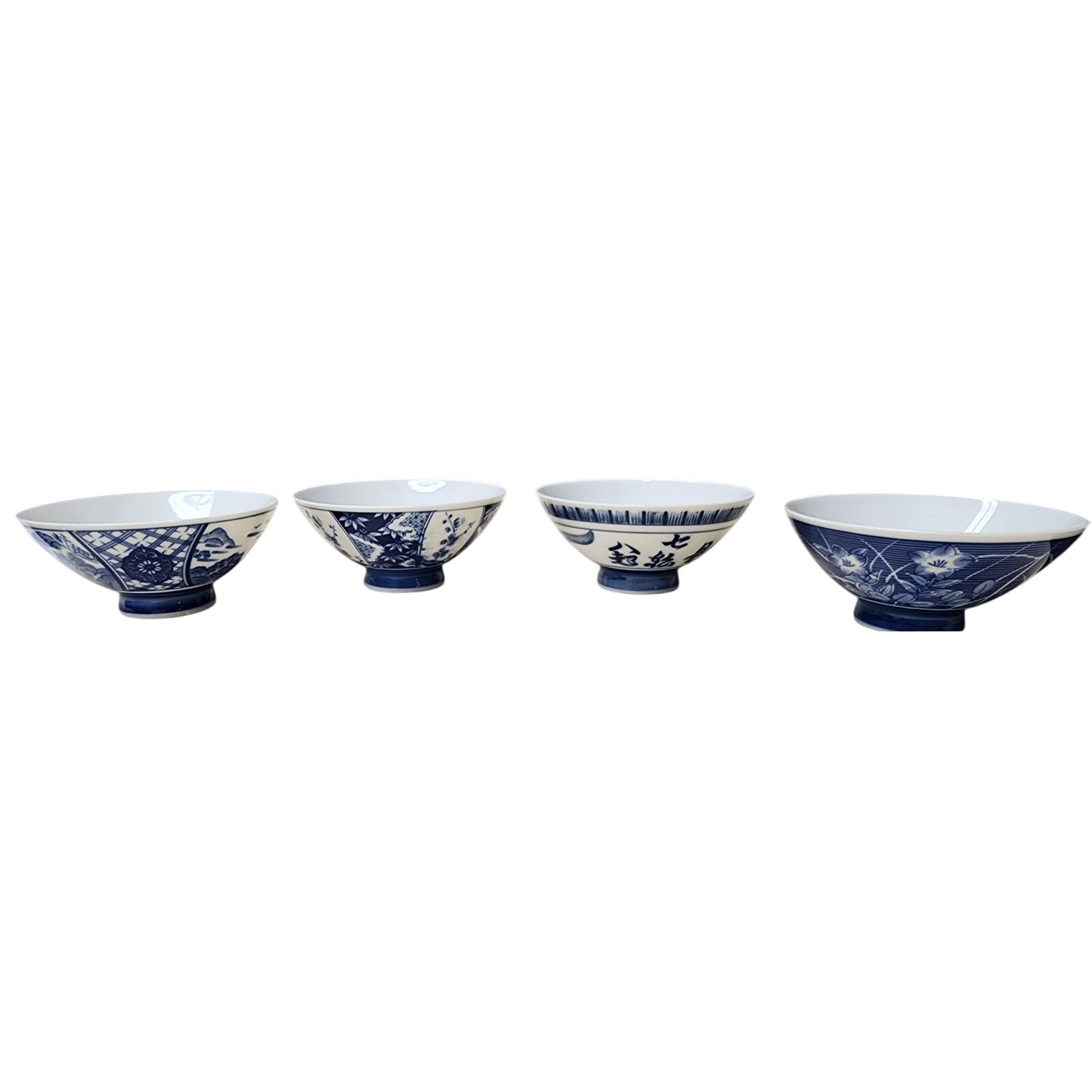 Set of 4 Vintage Japanese Porcelain Rice Bowls 4.75" Blue & White Patterns
