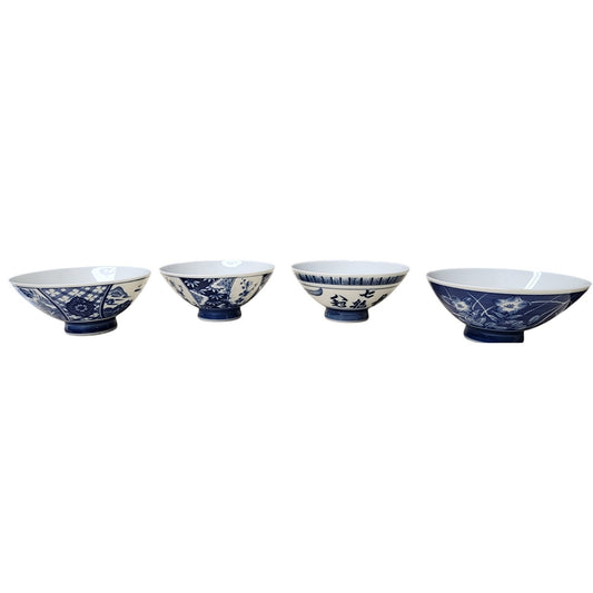 Set of 4 Vintage Japanese Porcelain Rice Bowls 4.75" Blue & White Patterns