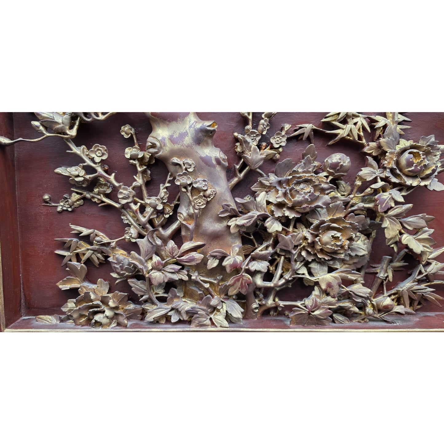 Vintage Chinese Carved Wood Panel & Header – Birds & Blossoms – Gold Detail - Rare