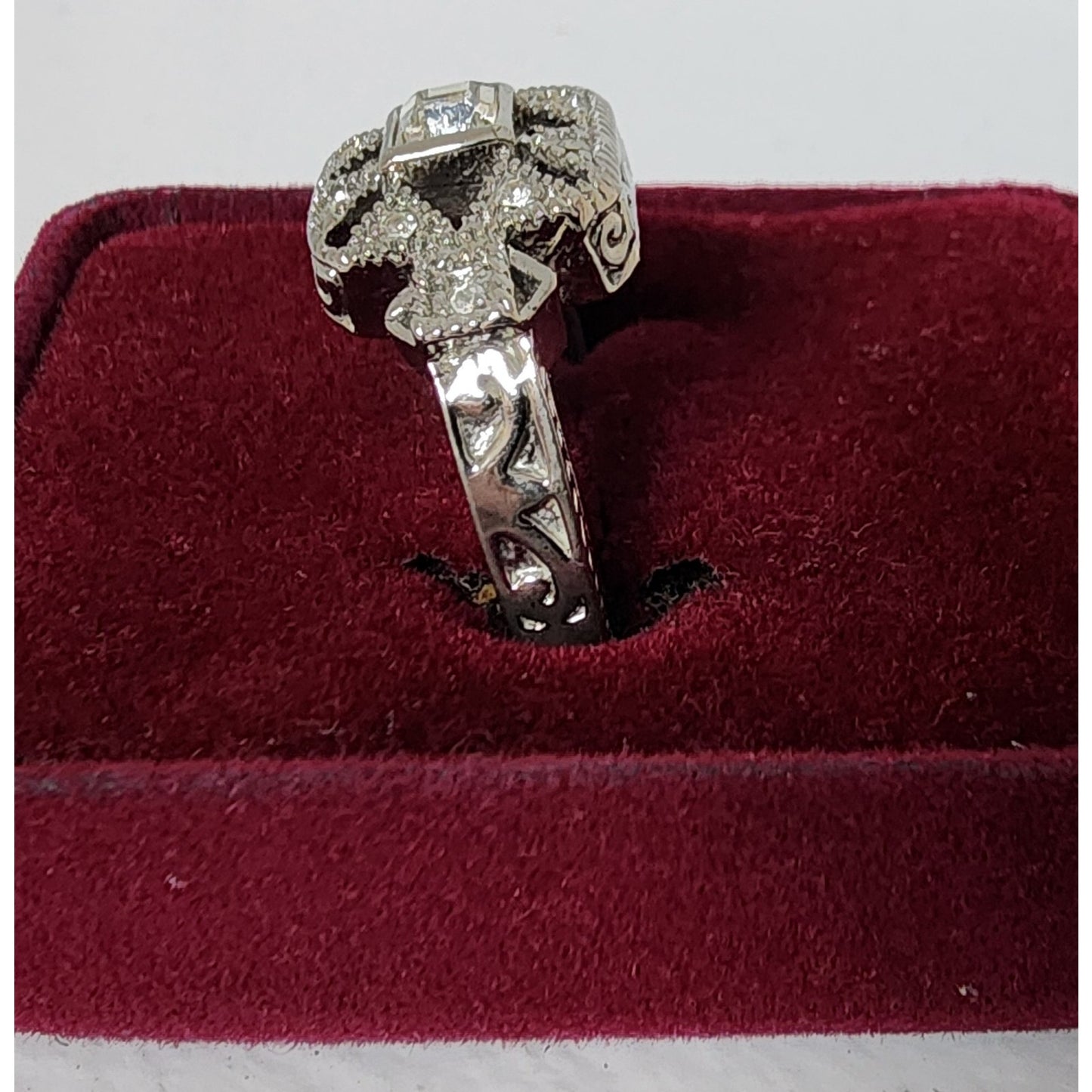 Vintage Silver Ring Size 9.75 w/ Box – Square Cut Clear Stone & Filigree Design