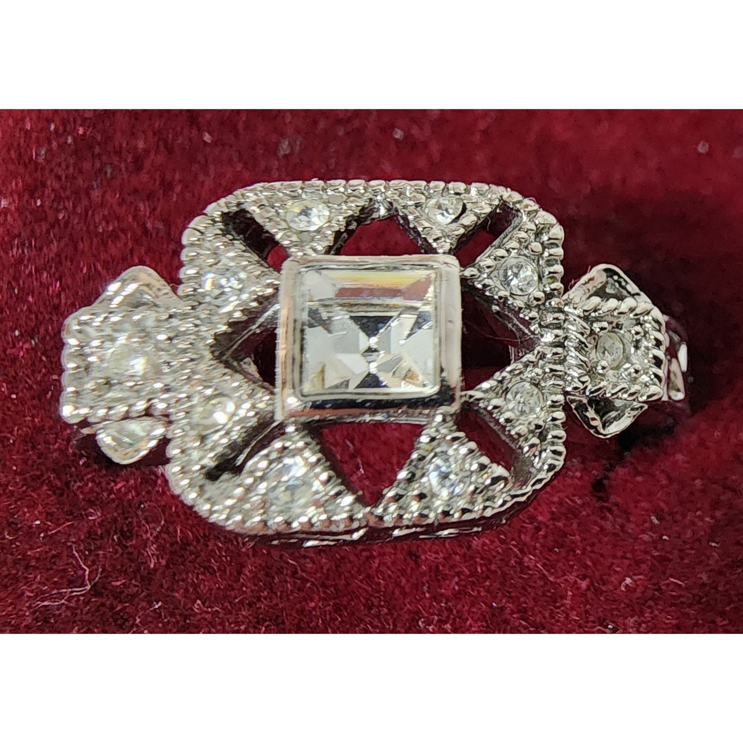 Vintage Silver Ring Size 9.75 w/ Box – Square Cut Clear Stone & Filigree Design