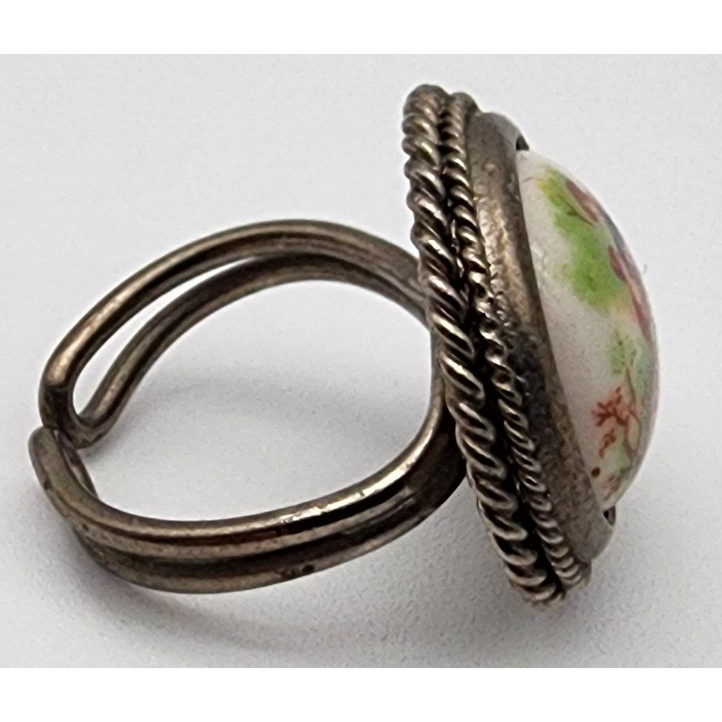 Vintage Italian Adjustable Ladies Ring Hand-Painted Scene Rope Border