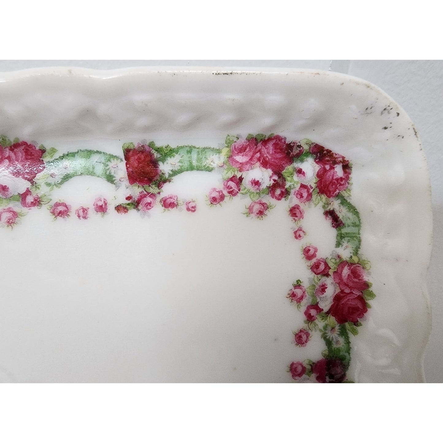VTG Hand Painted Porcelain Tray Shepherd Boy w/ Sheep Roses Border Scalloped 9"