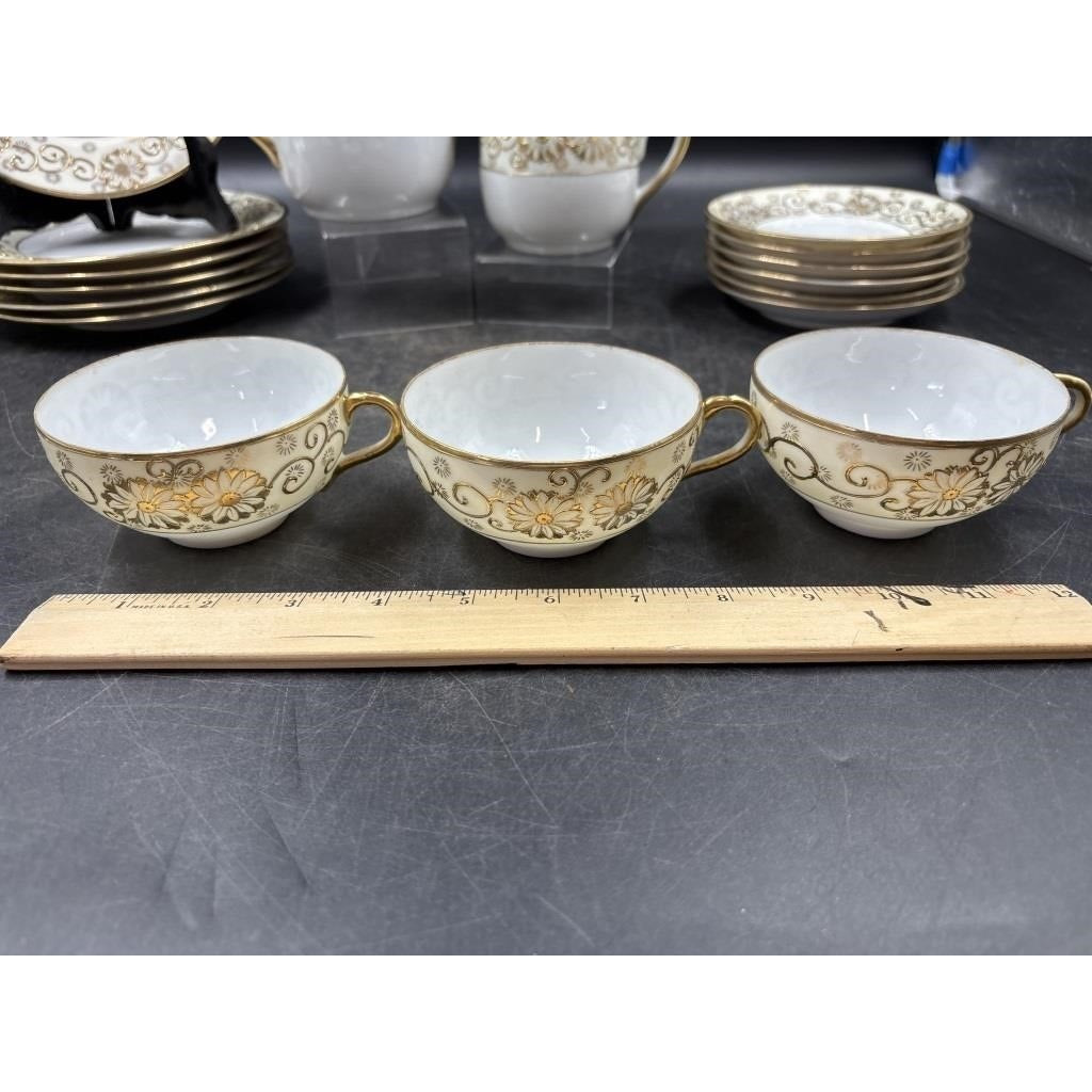 Vintage Japanese Tea Set | Eggshell Lusterware Cups + Porcelain Teapot & Serving Pieces | Gold Floral | Mid-Century Elegance