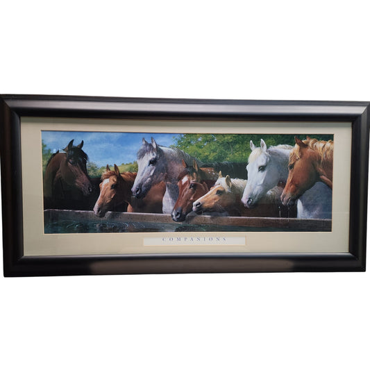 Companions Horse Print by Cortez 1998 Framed Art 42" Wide Black Beveled Frame