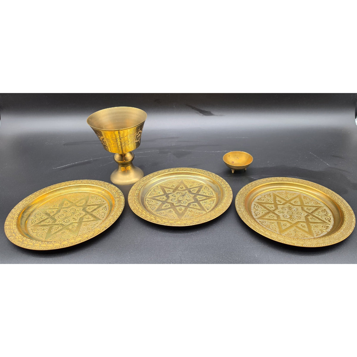 Vintage Brass Judaica Set 3 Star Plates Chalice Communion Goblet Small Feet Cup