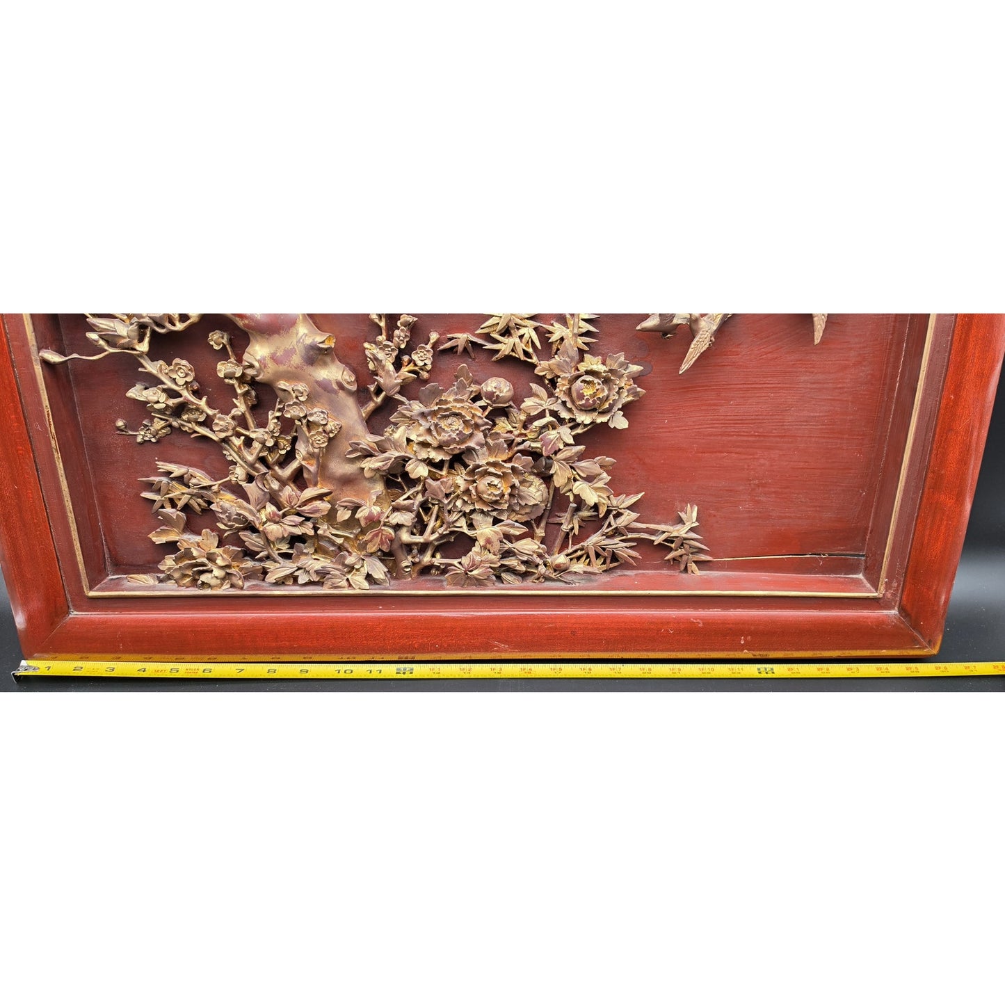 Vintage Chinese Carved Wood Panel & Header – Birds & Blossoms – Gold Detail - Rare