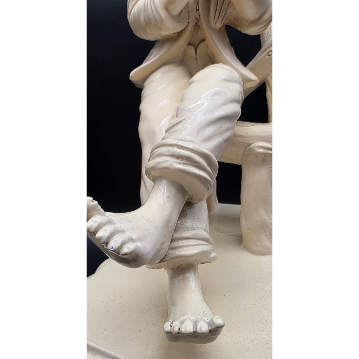 Vintage Pale Yellow Alabaster Boy Sculpture on Rustic Bench 18.5" 11 lbs
