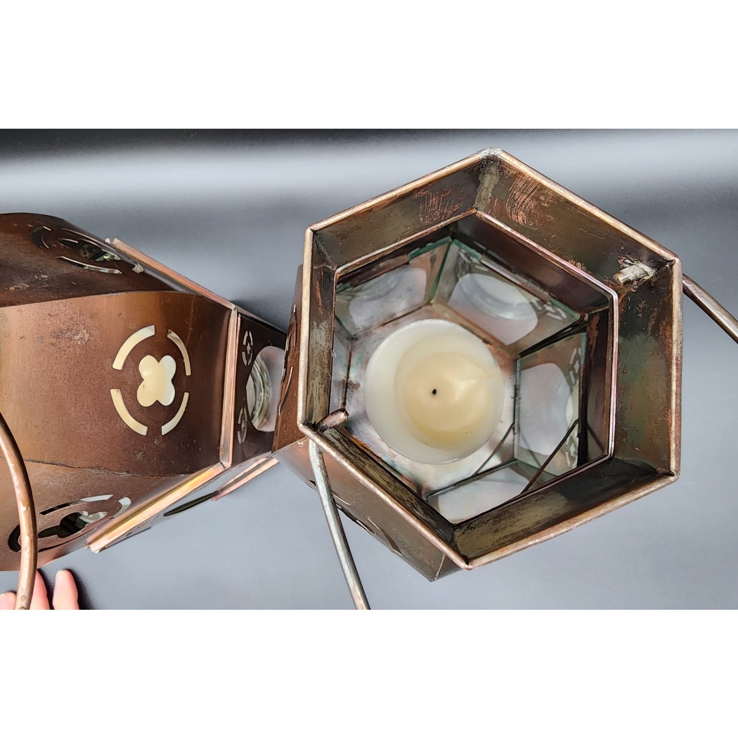 Pair Bronze Hexagon Metal Candle Lanterns w/ Glass Panels & Candles 18.5"
