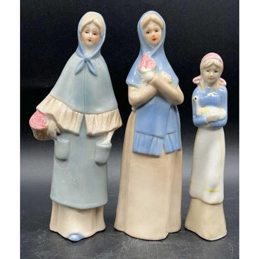 3 VTG Frankel Porcelain Lady Figurines Old Lady, Blue Scarf, & Duck Holder