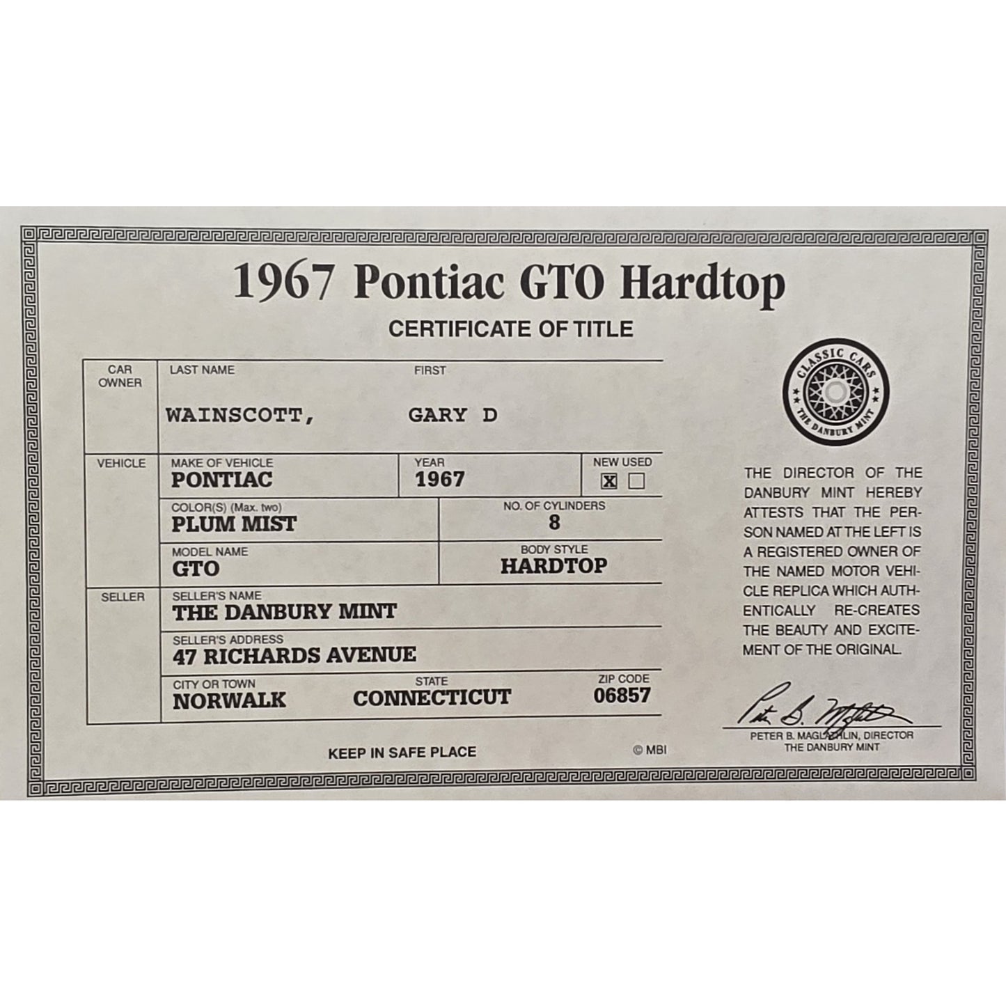 1967 Pontiac GTO Hardtop 1:24 Danbury Mint Die‑Cast NIB w/ COA Limited Ed