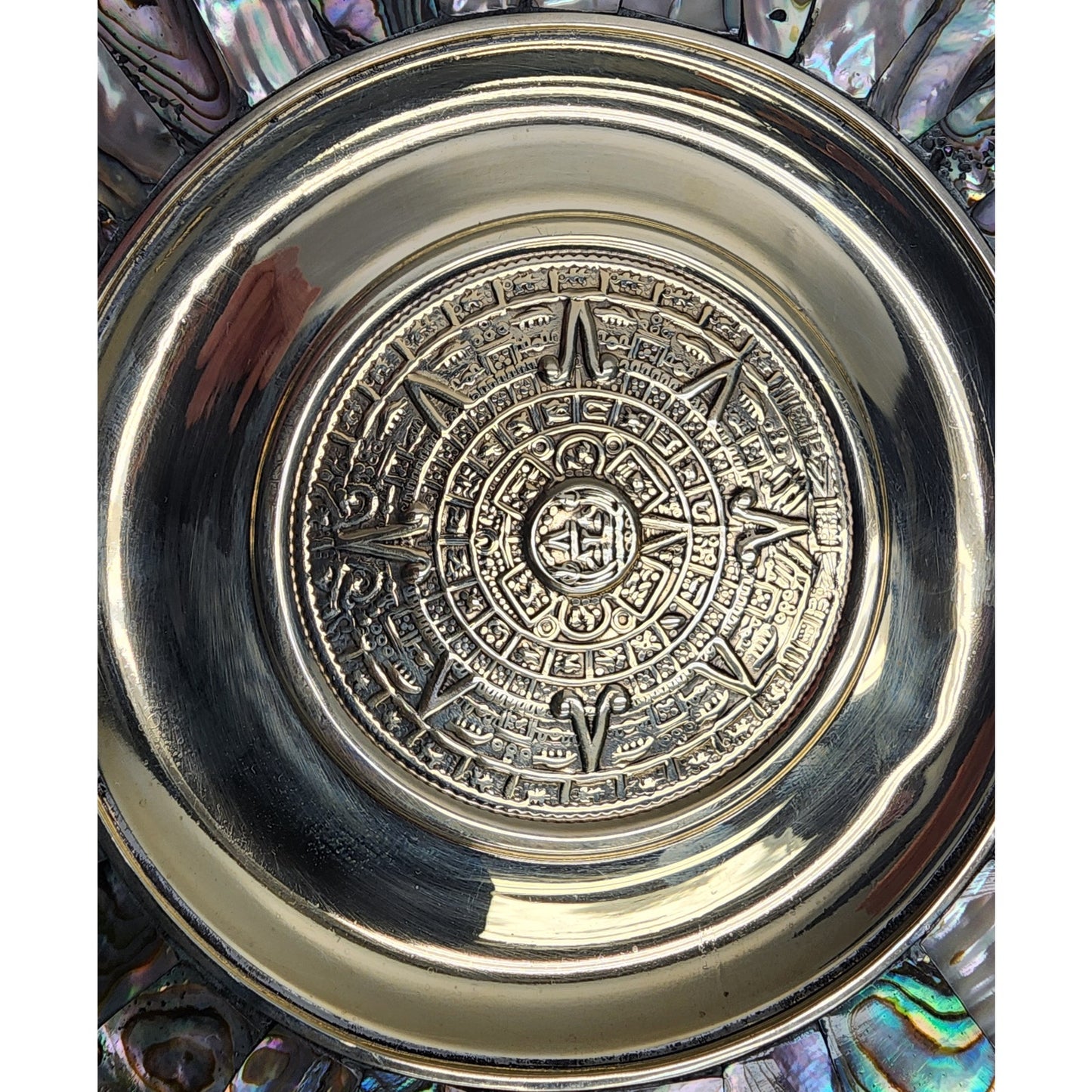 Vintage Mayan Calendar Plate – Alpaca Silver & Abalone Shell – Mexico Aztec Art