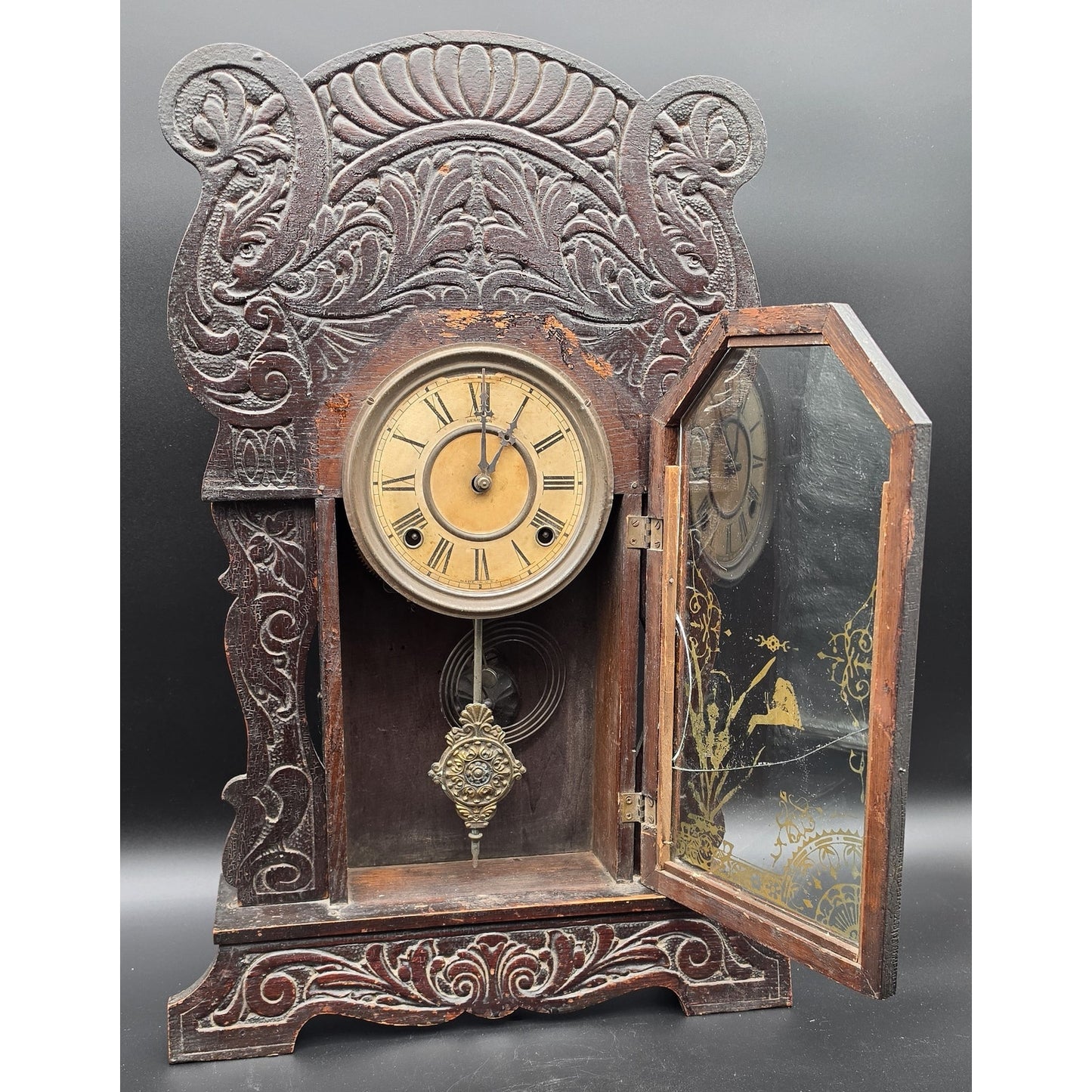 Vintage Sessions Regulator Clock Dual Wind Wood Case Ornate Carved w/ Key