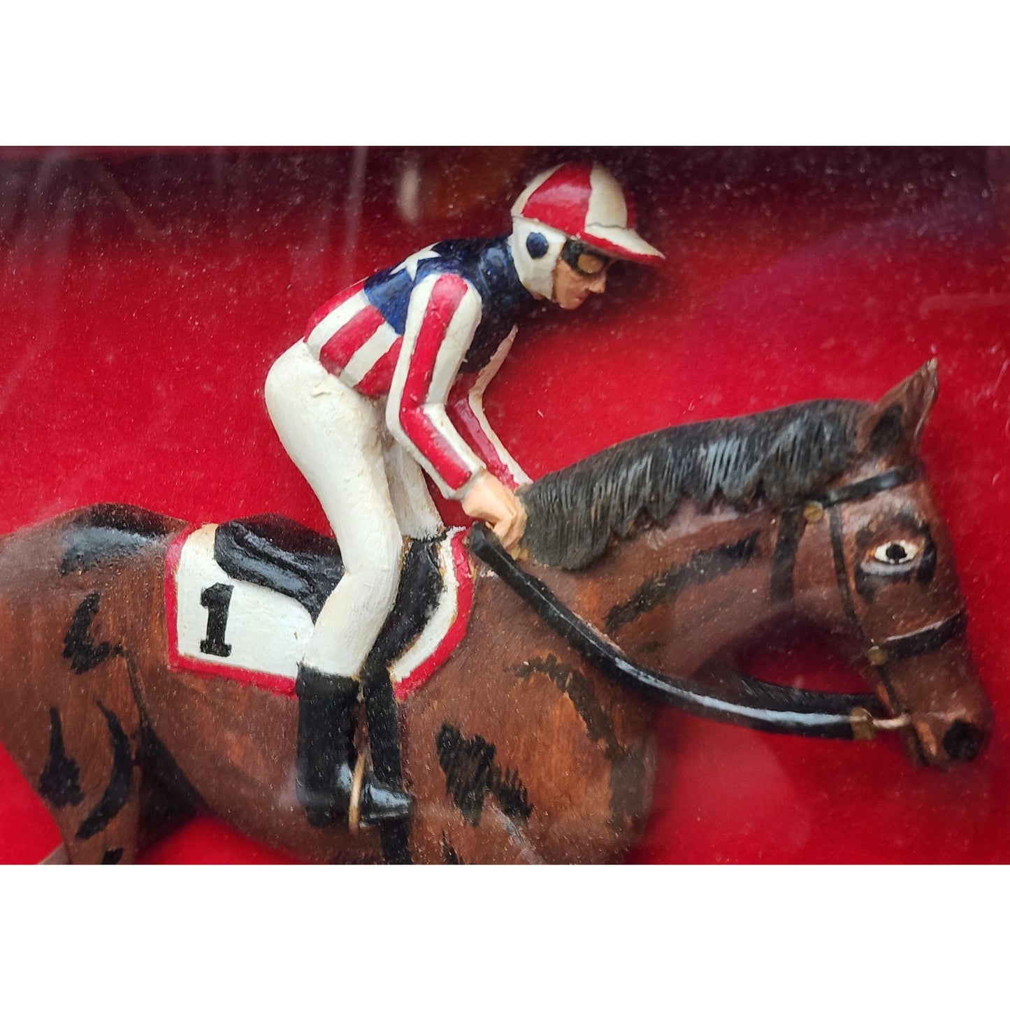 Vintage Bud Ware Racing Colours Hand Carved Horse & Jockey Shadowbox Wood Art